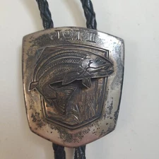 Vintage Sterling Silver Bolo Tie Braided Leather Trout Design JOT III 18"