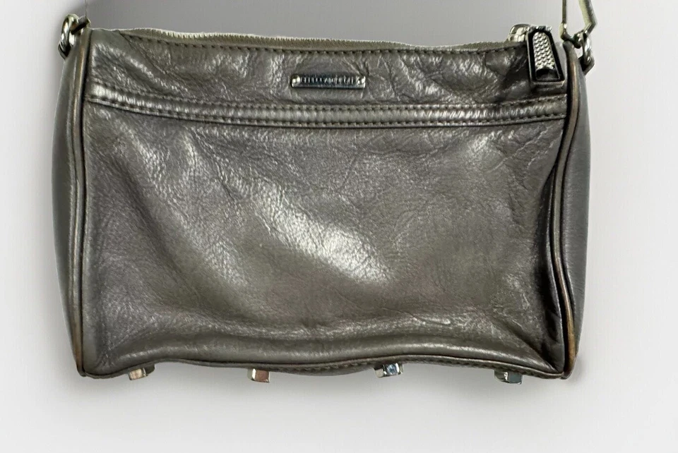 Rebecca Minkoff Gray Mini M.A.C. Leather Crossbody Bag Brass Chain Stud Accents - Image 2 of 4