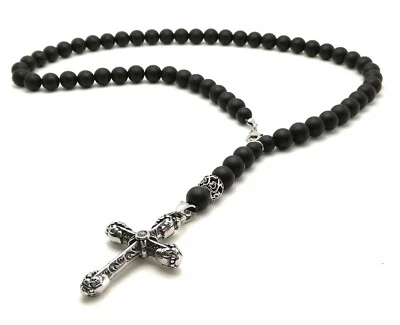 Herren Halskette Schwarz stein Onyx Anhänger Kreuz Edelstahl Y Kette Geschenk - Bild 1 von 4