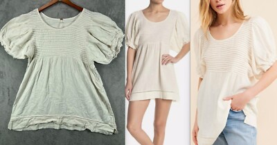 Free People Elsie Tunic Mini Dress Size Medium Ivory Linen Puff Sleeve Baby Doll