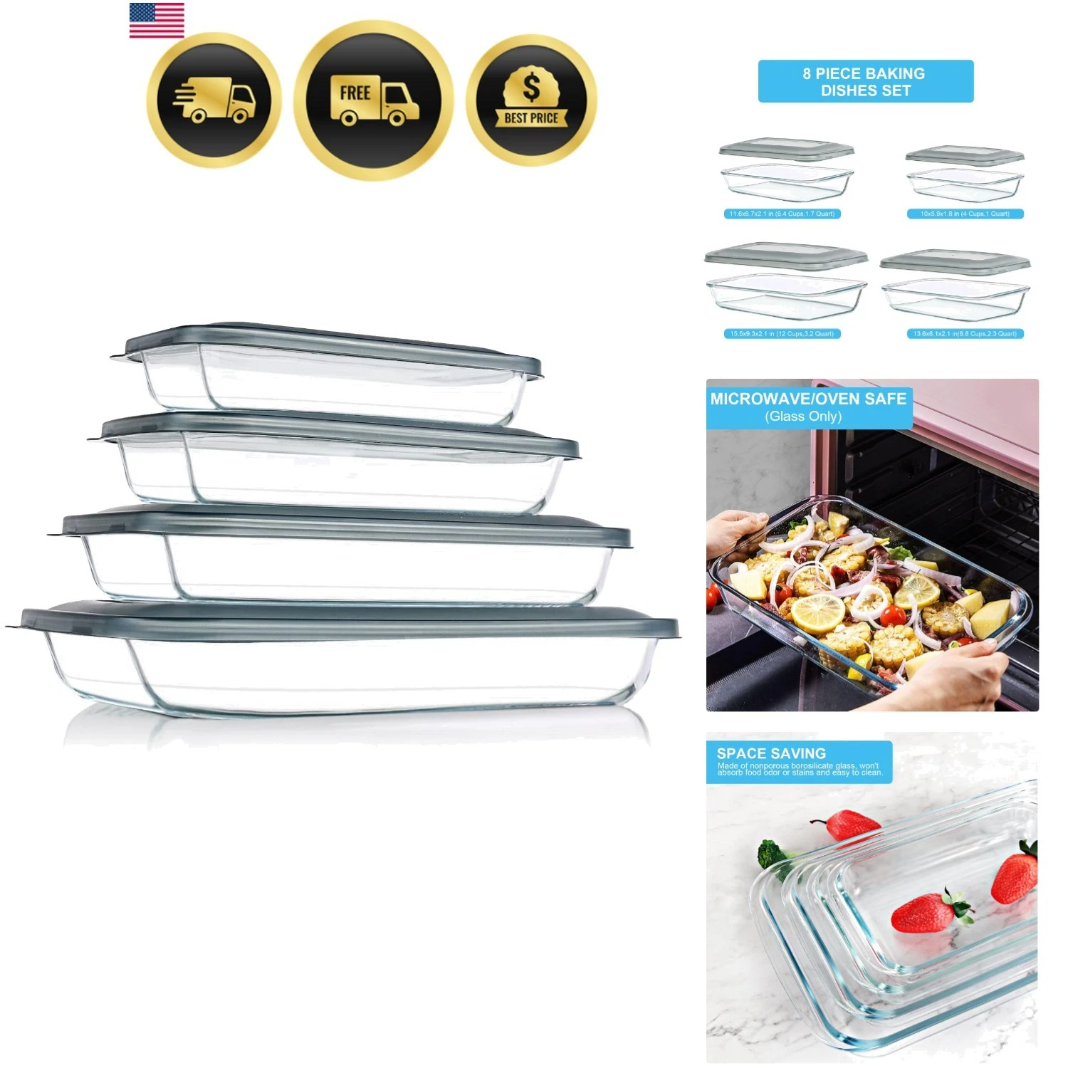 8 Pieces Glass Baking Dish with Lids Rectangular Glass Baking Pan Bakeware Se...