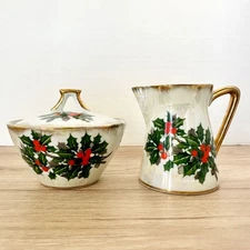 Vintg UCAGCO Flower of the Month DECEMBER / HOLLY Creamer & Sugar Set Lusterware