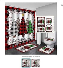 4Pcs Merry Christmas Tree Shower Curtain Sets Red with Rug Toilet Lid Cover and