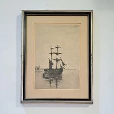Antique French Sailing Ship Etching Framed and Matted Signed Calling