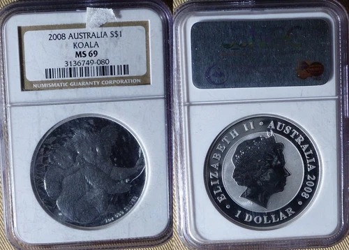 Australia:2008 $1 Koala MS69 Cert. NGC Silver 1 Oz CT175