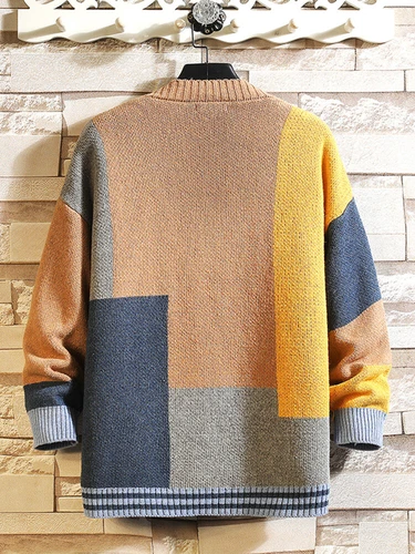 Mens Teens Designer V-Neck Patchwork Jumper Cardigan Cashmere Sweater Loose Fit - Picture 6 of 16