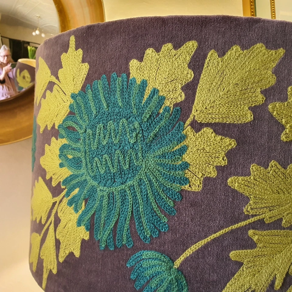 Pair of Stunning Pewter Lamps with Embroidered Green Velvet Shades - image 3 of 4