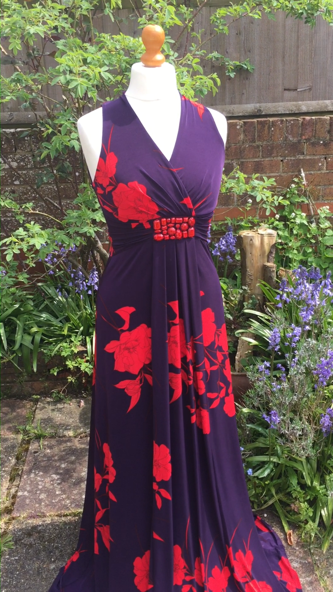Phase Eight Maxi Long Dress, Dark Purple With Orange/Red Flowers UK 12 VGC