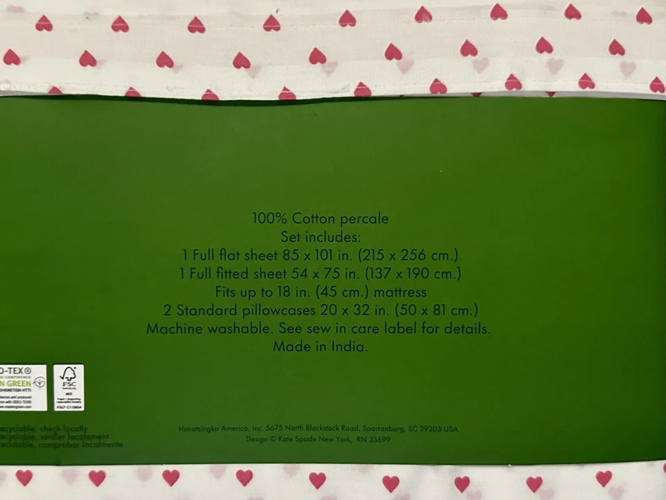 Juego de Sábanas Completo Kate Spade Algodón Percal Corazones ROSA en Blanco Sábanas COMPLETAS NUEVAS CON ETIQUETAS Foto 3 de 4