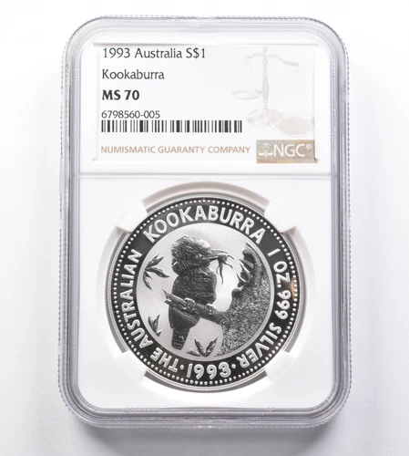 MS70 1993 Australia One Dollar Kookaburra 1 Oz Silver NGC *8497