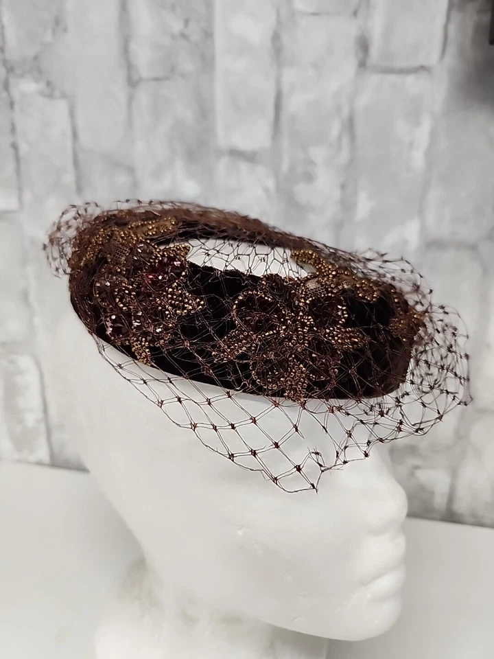 Vintage Titches Brown Lace Gold Beaded Flower Church Hat Womens 6 1/2" - Image 3 of 4