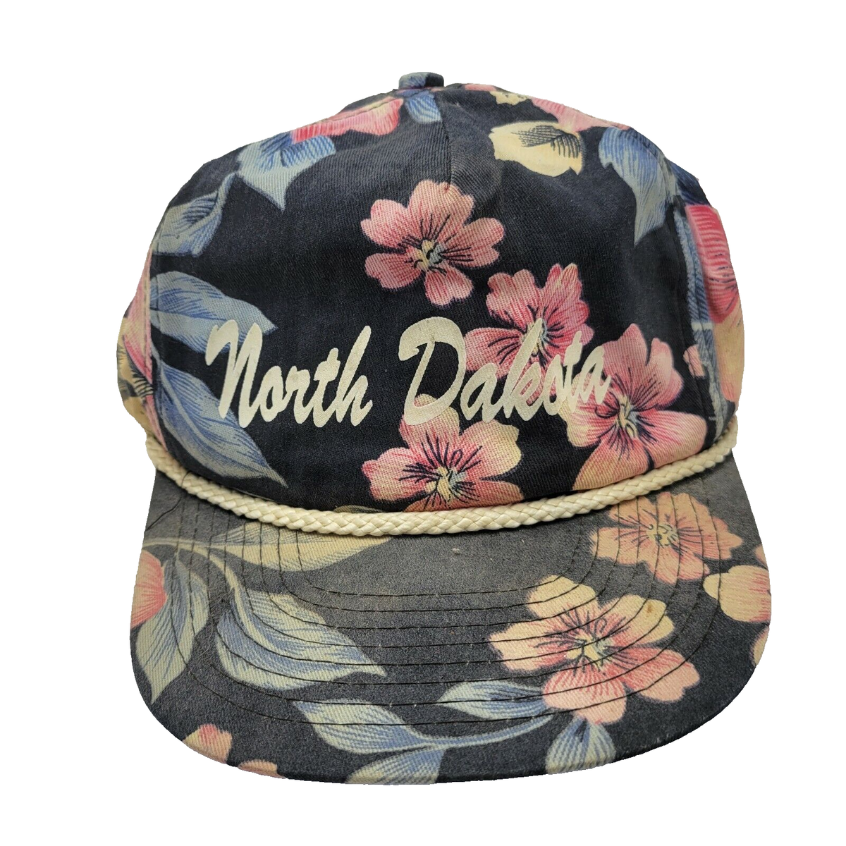 North Dakota Floral Souvenir Hat Cap Black Adult Used