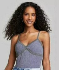 Wild Fable Women's Size Medium Heather Gray Ribbed Lace Trim Crop Tank Top