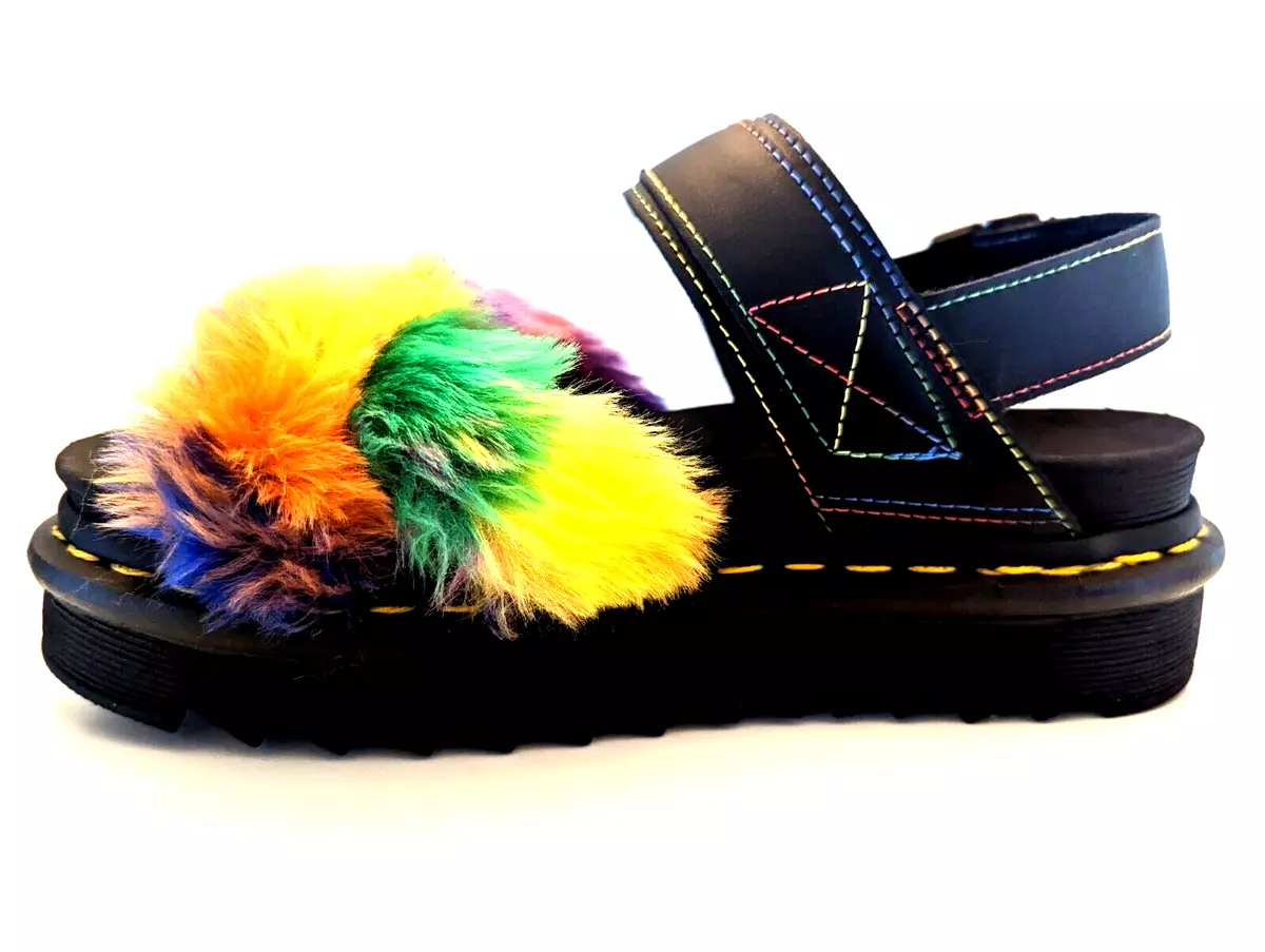 Dr Martens Voss II Fluffy Fur Rainbow Sandals Womens US 6 Black