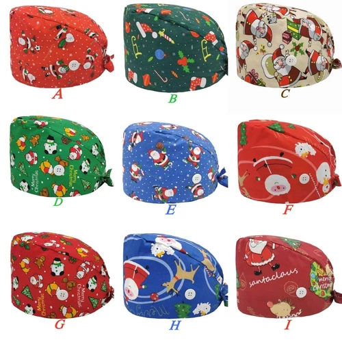 *USA SELLER* Christmas Scrub Nurse Hat With Buttons Sweatband Cartoon Printing 