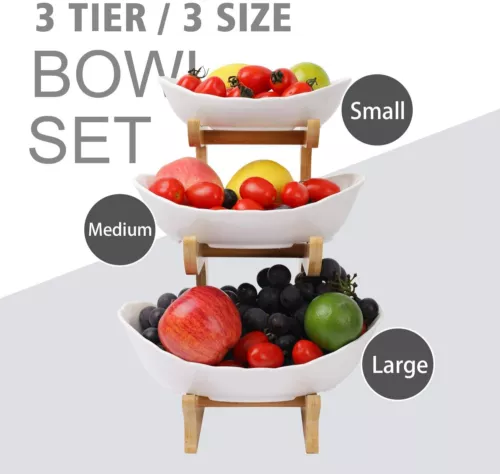 Obst Etagere 3 stöckig Obstkorb Obstschale Küche Keramik Schüssel Bambusständer - Bild 12 von 12