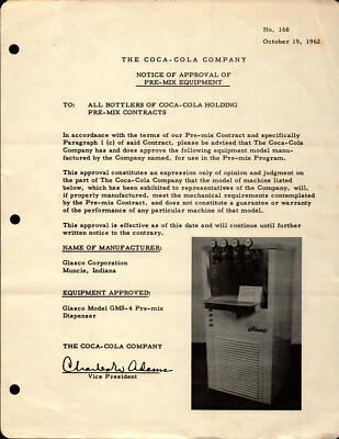 Coca-Cola Co. ephemera July 1962 Notice Bottle Cooling Equipment Cornelius     