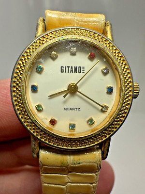 Vintage Gitano Watch Genuine Yellowed White Leather Band Color Gems on Face