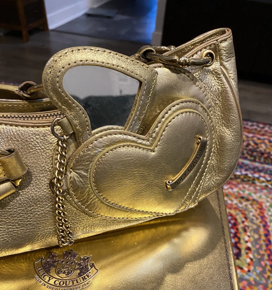 Juicy Couture Vintage Y2K METALLIC Leather Mini Big Hearts Bag Purse Gold - Image 3 of 4