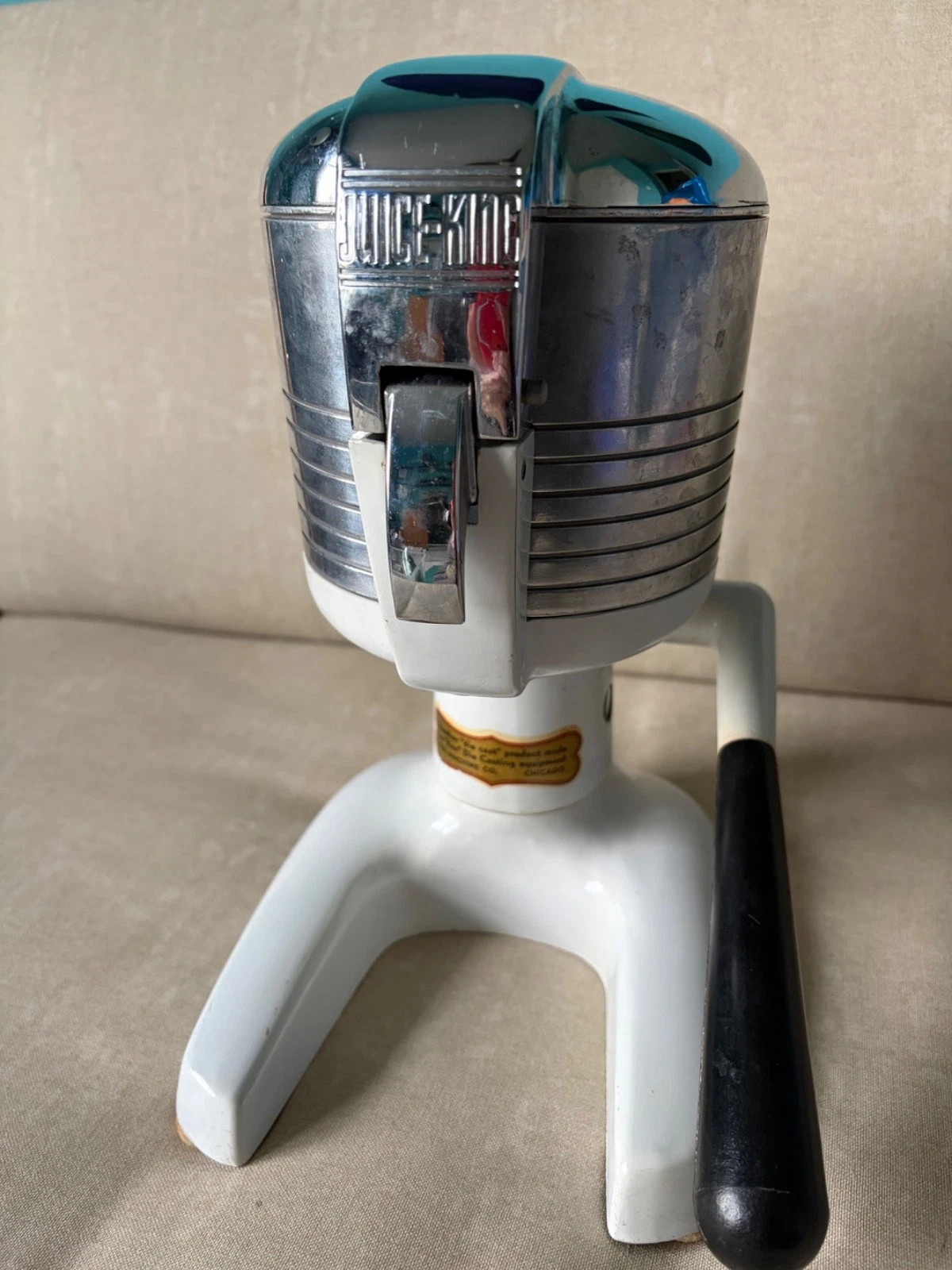 Vintage Juice King JK-50 manual citrus juicer chrome white 1950s large size