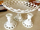WESTMORELAND Milk Glass COMPOTE BOWL Footed Pedestal Open Lace w/Candle Holders