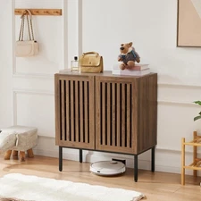 Grille Buffet Cabinet with Storage, Sideboards 2 Doors with Metal Base and Ad...