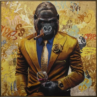 Acrylgemälde Gorilla im Anzug, Zigarre 102,5x102,5 cm inkl. Rahmen, handveredelt - Bild 1 von 4