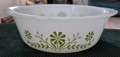 VTG Glasbake 1 1/2 Qt Green Daisy Round Casserole Baking Dish #J2600*LITTLE CHIP
