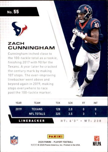 2020 Panini Playoff #55 Zach Cunningham Houston Texans - Picture 2 of 2