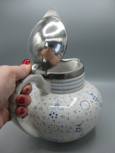 Vintage Karlsruhe Majolica Art Pottery 830s Silver Serving Pitcher Ewer Germany - Picture 8 of 15