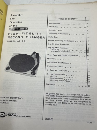 Vintage Heathkit Assembly Manual High Fidelity Record Changer Model AD-92 - Picture 4 of 7