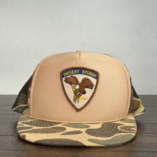 Vintage 90s Desert Storm Snap Back Hat Tan Camo Otto Cap Military Eagle Patch