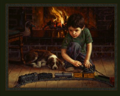 MDG - The Engineer With Train Quilting Fabric Panel - Size 36 x 44