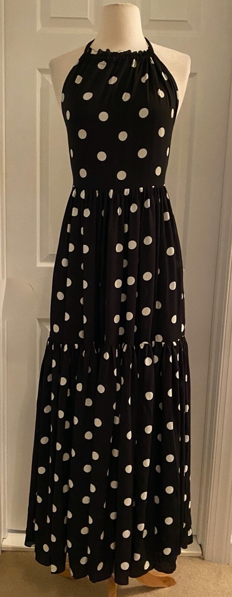 J.CREW HALTER-NECK TIERED MAXI DRESS IN DOT SIZE 0 BLACK IVORY AD092