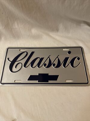 Vintage Chevrolet Classic Chevy Bow Tie License Plate Navy Blue On Silver