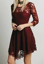 Free People Floral Mesh Sheer Lace Burgundy Dress 3/4 Sleeves Women's Size 4