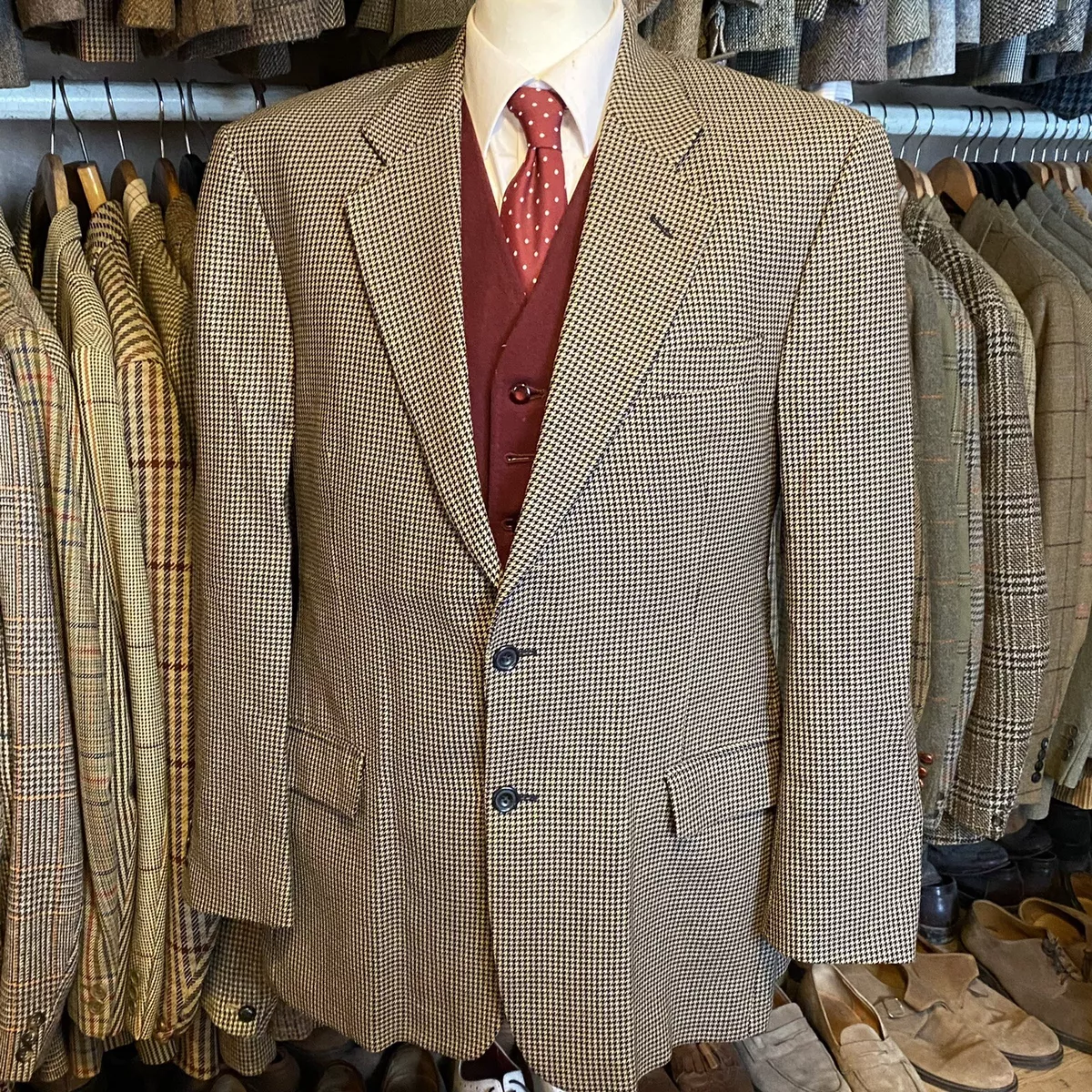 Vintage Mens 42R Summer Tweed Check Suit Jacket Blazer Dogtooth Houndstooth