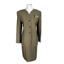 KASPER Vintage Women Skirt Suit Size 12P Pickle Rayon Lined Collarless 2PC