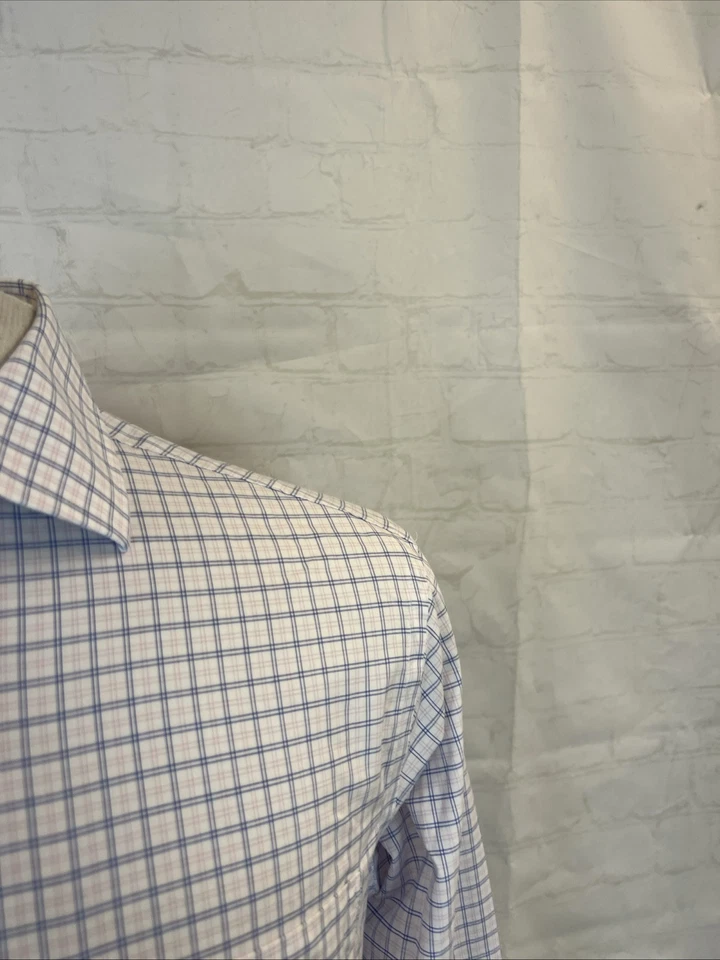 SLIM FIT Jos A. Bank Men's White Purple & Blue Plaid Dress Shirt 15 - 34 $118 - Image 2 of 4