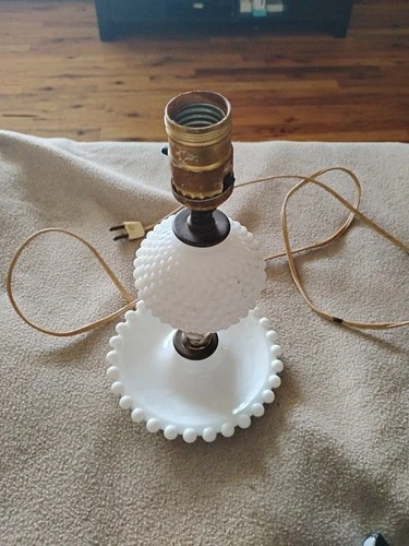 11” Vintage Hobnail Milk Glass  Table Lamp with Dish FREE SHIPPING