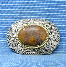 Western Floral Scroll Belt Buckle Yellow Moss Agate Cowboy Cowgirl Vtg   .TYC238