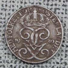 Sweden 1949 5 Ore 3 Crowns Swedish Mint Monogram King Gustav V Iron Issue ø 27mm
