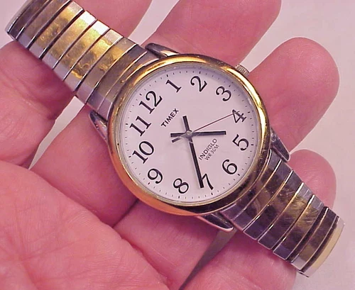 Vintage Mens TIMEX Easy Reader Indiglo 34mm Watch WORKS Fine 2-Tone Stretch Band