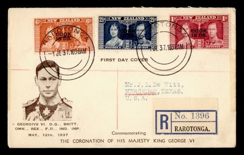 DR WHO 1937 NEW ZEALAND COOK ISLANDS OVPT FDC KGVI CORONATION COMBO M70758