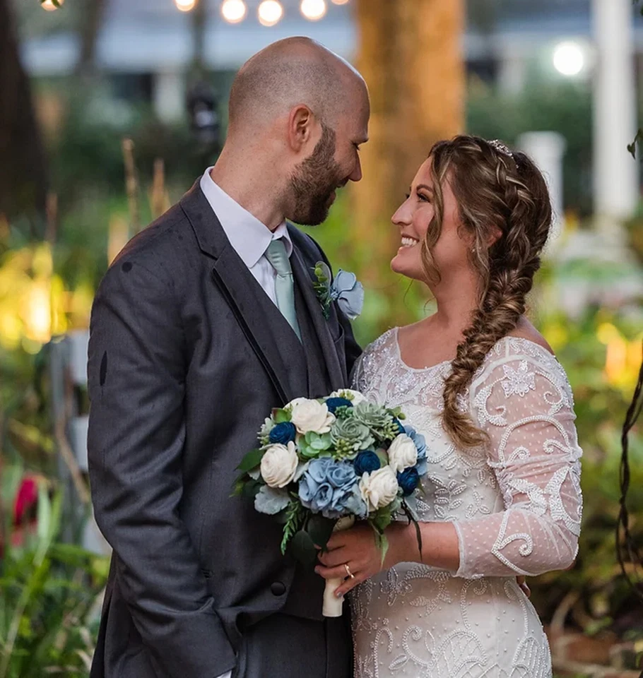 Dusty Blue Sage Navy Sola Wood Succulent Bridal Bouquet White Wedding Flowers - Image 2 of 4