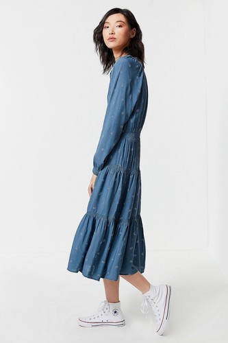 Urban Outfitters Women’s Dress Reese Midi Blue Paisley Tiered Long Sleeve Small - Picture 4 of 9