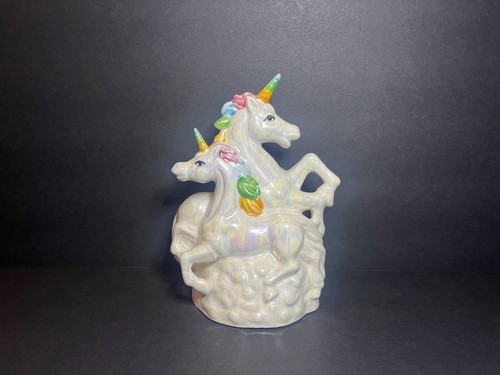 Vintage 1980s Iridescent Rainbow Luster Ceramic Mother & Baby Unicorn Figure