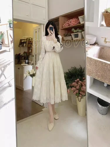 Women Fairy Elegant White Long Sleeve Dresses Lace Dress Vintage Square Collar - Bild 11 von 12