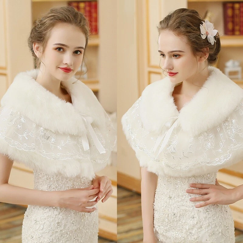 Women Lece Faux Fur Poncho Wrap Wedding Bridal Shrug Bolero Top