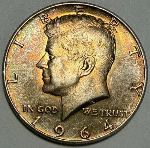 1964 Kennedy Half Dollar, Rainbow Toned, Gem BU, Silver
